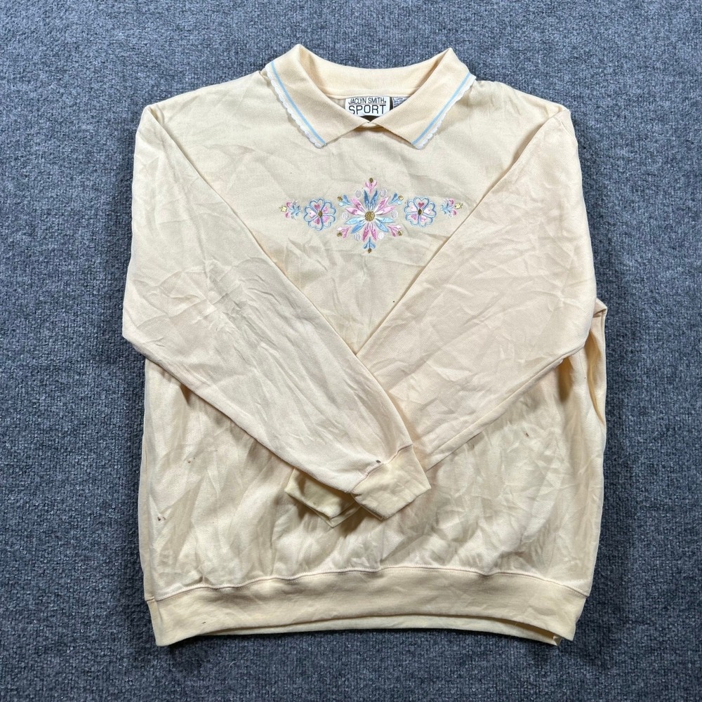 Jaclyn Smith Sweatshirt Womens Large Yellow Floral Embroidered Lace Trim Collar